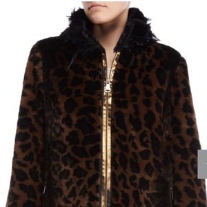 Unique-Leopard Print Feather Trim Faux Fur Jacket